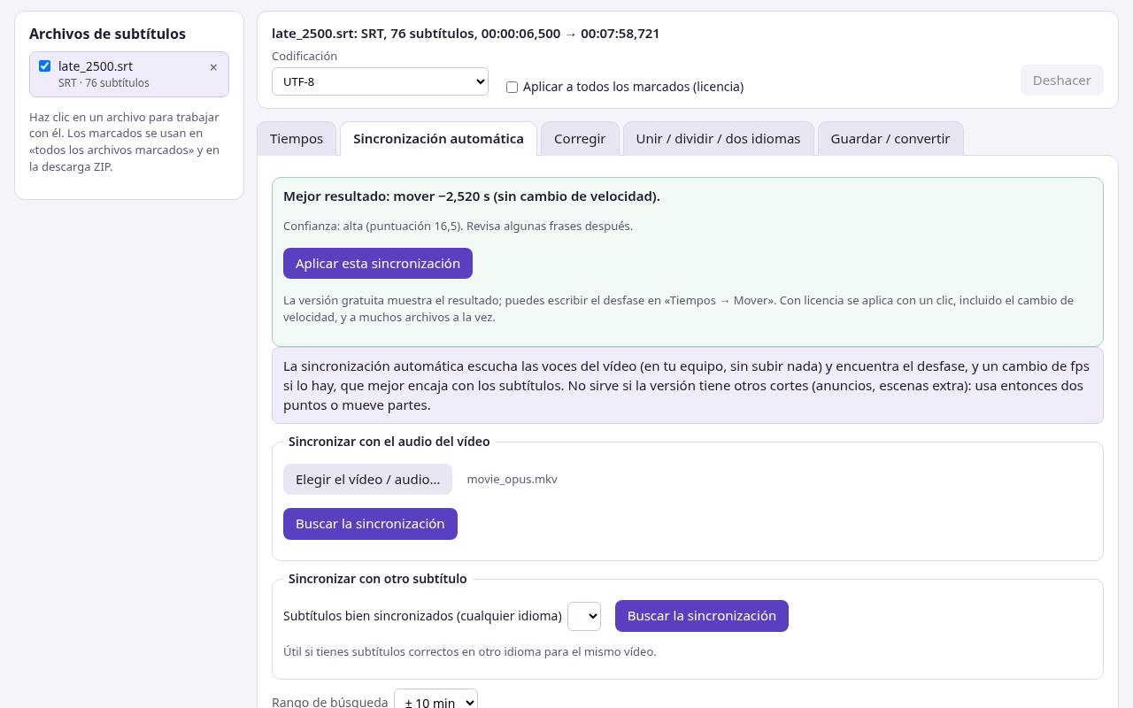 Cuemend mostrando un archivo de subtítulos con su tabla de tiempos y el resultado de la sincronización automática