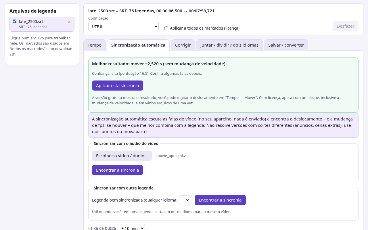 Cuemend mostrando uma legenda com a tabela de tempos e o resultado da sincronização automática